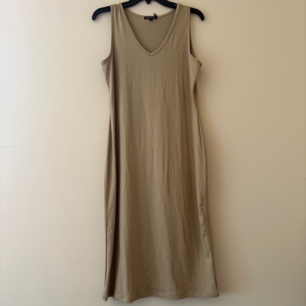 PRAGUE Beige V Neck Tank Midi Dress Large NWT Minimalist Stretch
